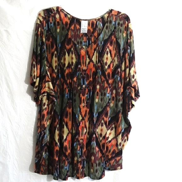 Roamans Orange Green Yellow Aztec Short Sleeve Button Down Blouse Top 5X - Picture 3 of 5